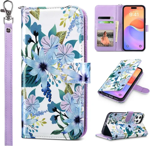 Vista 22 de ULAK Funda tipo cartera compatible con iPhone 15 Pro con tarjetero y diseño de flores, para mujeres y niñas, piel sintética, con función atril