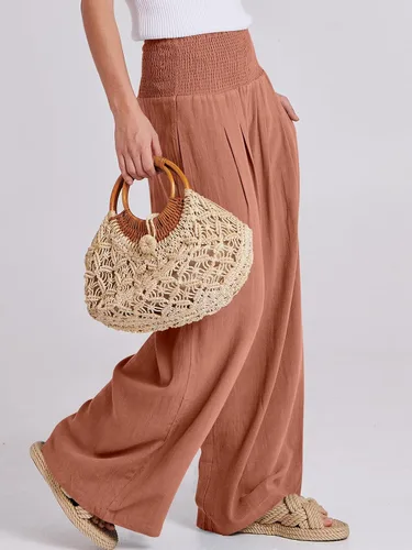 Vista 3 de Caracilia Pantalones palazzo de lino para mujer, estilo bohemio, pierna ancha, cintura alta, fruncidos, informales, con bolsillo