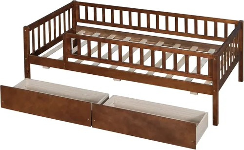 Vista 4 de Harper & Bright Designs Sofá cama de tamaño individual con dos cajones, marco de cama de madera con plataforma individual para niños con Nogal