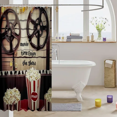 Vista 3 de Homewish Theater Cinema Poster Shower Curtain Set,Retro Movie Bathroom Curtain,Kids Girls Teens Popcorn Waterproof Fabrics Movie Night Bathroom