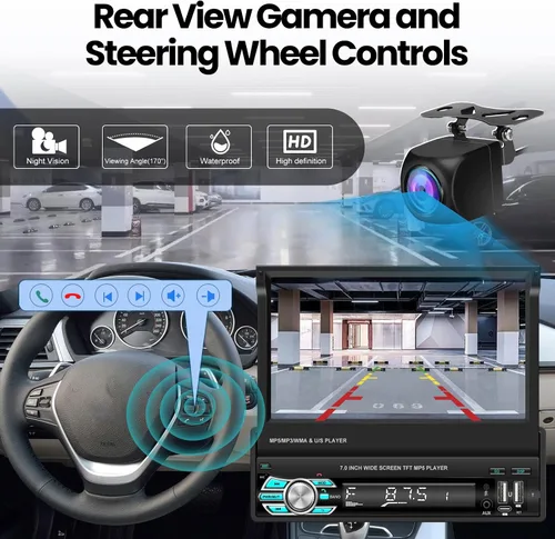 Vista 7 de Radio de coche de un solo DIN con Bluetooth, Carplay inalámbrico y Android Auto, pantalla abatible de 7 pulgadas, soporte estéreo retráctil
