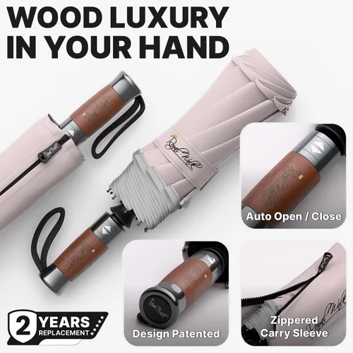 Vista 3 de Royal Walk Paraguas plegable resistente al viento, viaje compacto y fuerte, lujoso, mango de madera real, apertura y cierre automático, doble toldo