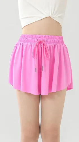 Vista 2 de Paquete de 2 pantalones cortos atléticos fluidos para niñas con bolsillos, diseño de mariposa, correr, entrenamiento, deportes, cintura elástica