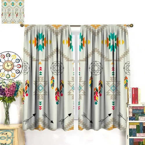 Vista 409 de Cortinas con patrón geométrico tribal, estilo suroeste, azteca, rústico, occidental, nativo americano, opacas, con bolsillo para barra, decoración