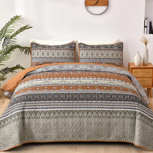 Vista 11 de WONGS BEDDING Juego de edredón bohemio tamaño individual, juego de ropa de cama azul bohemio individual, colcha de microfibra ligera con funda