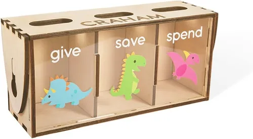 Vista 5 de Give Save Gastar Kids Teach Money Bank Nombre personalizado con dinosaurios o unicornio Banco de enseñanza para niños Caja de ahorros personalizada