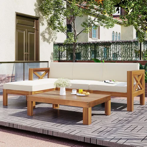 Vista 14 de Juego de 4 muebles de patio al aire libre, sofá seccional de madera de acacia con asiento cojines beige, asiento de conversación seccional