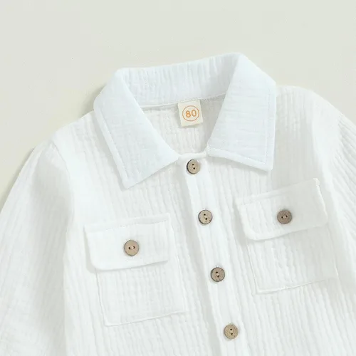 Vista 5 de Conjunto de 2 piezas de ropa de algodón y lino de manga larga con botones y pantalones de cintura elástica para bebé niño y niña