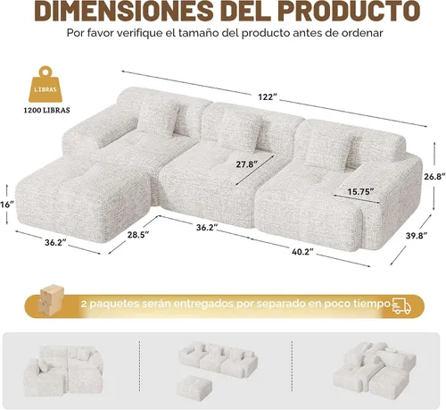 Vista 2 de Sofá seccional modular moderno en forma de L de 122", sofás sin armazón para sala de estar con otomana, juego de sofá nube de chenilla convertible