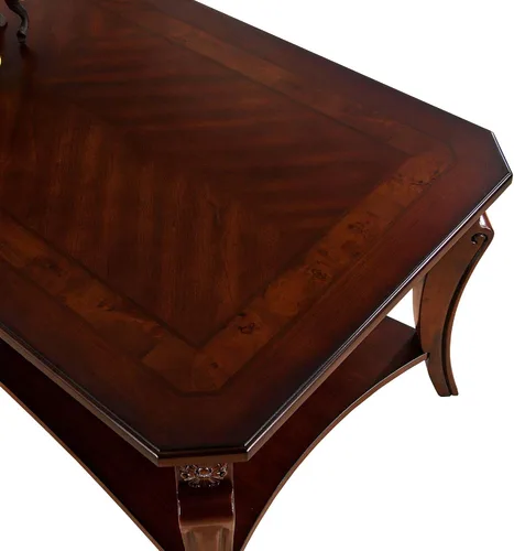 Vista 5 de Mesa auxiliar tradicional con estante de almacenamiento y patas talladas, mesas de sala de estar de granja, mesa central rectangular de madera