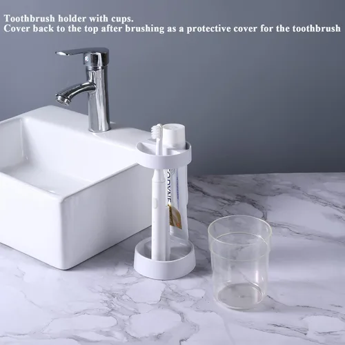Vista 2 de El soporte para cepillos de dientes con taza/cubierta contiene 2 ranuras, compatible con cepillos de dientes eléctricos y cepillos de dientes
