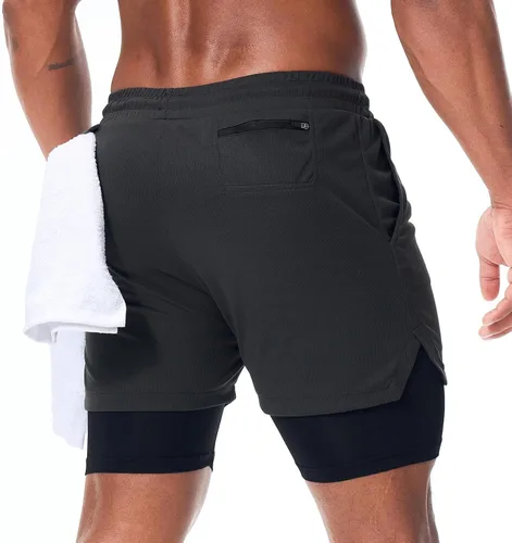 Vista 2 de Surenow - Pantalones cortos de correr para hombre, pantalones cortos 2 en 1 para entrenamiento, de 7 pulgadas, para yoga, deportes al aire libre