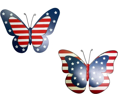 Vista 9 de SAGUZOU Letreros rústicos colgantes de metal con bandera americana patriótica de mariposa para puerta y patio, 4 de julio, blanco, azul, rojo, Día