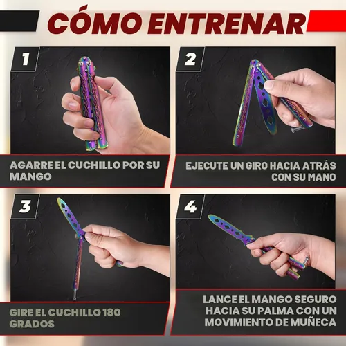 Vista 5 de Rainbow - Cuchillo de mariposa de práctica de 8.2 pulgadas con hoja embotada, cuchillo de mariposa de entrenamiento de metal con asas fuertes