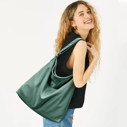Vista 4 de KALIDI - Bolsa de pana para mujer, con cremallera, casual, de gran capacidad, con bolsillos