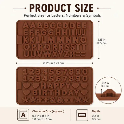 Vista 4 de Mini moldes de silicona para letras y números, paquete de 2 moldes de chocolate con letras A-Z, números del 0 a 9 y feliz cumpleaños, pequeños