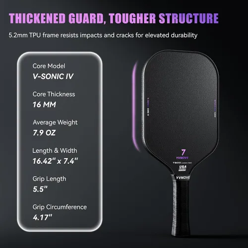 Vista 9 de YVmove USAPA Approved T800 Carbon Fiber Pickleball Paddle with 16mm Dynamic Core, Premium Pickle Ball Thermoformed Unibody, Elongated