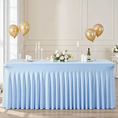 Vista 2 de Manteles de mesa de elastano azul bebé de 6 pies para mesas rectangulares, sin arrugas, rectangular, elástico, ajustable de 6 pies con falda