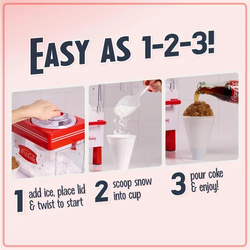 Vista 3 de Nostalgia Coca-Cola Máquina de Raspados de Nieve de Hielo Raspado - Máquina de Granizados Retro de Mesa Coke Hace 20 Golosinas Heladas - Incluye 2