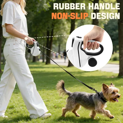 Vista 7 de Correa retráctil para perro con luz LED y cinta reflectante para paseo nocturno, correa de perro de 16 pies con dispensador de bolsas