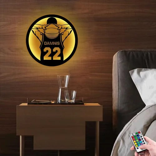 Vista 4 de Letrero de metal personalizado para jugador de baloncesto con luz LED, nombre y número personalizados, arte de pared de baloncesto, decoración