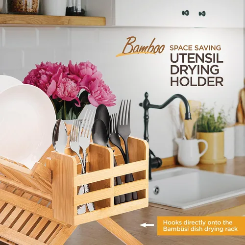 Vista 9 de Porta Utensilios de Bambú para Escurridor de Platos - Organizador para Cubiertos y Utensilios con Ganchos - Compatible con Escurridores de Platos