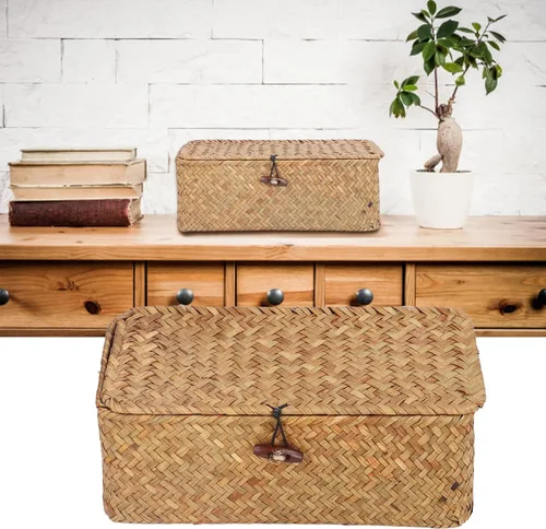 Vista 2 de Cesta de almacenamiento de hierba marina natural, cesta rectangular tejida de ratán natural con tapas, organizador de escritorio, cesta decorativa