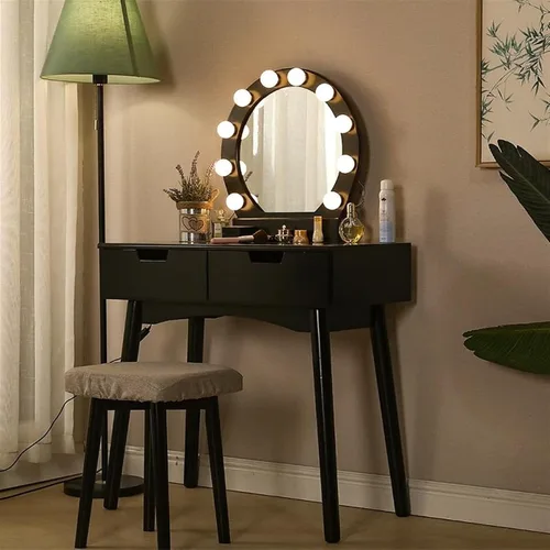 Vista 5 de Tocador, mesa de maquillaje, muebles de dormitorio, tocador con espejo LED con taburete de maquillaje, escritorio liso, tocador de maquillaje Negro