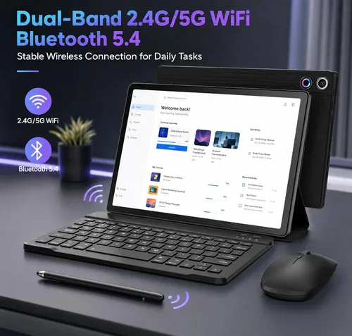 Vista 8 de Jeazans Tablet Android 16 de 10.1 pulgadas, paquete de tableta 2 en 1 con teclado, mouse inalámbrico, lápiz capacitivo, funda de cuero, cámara