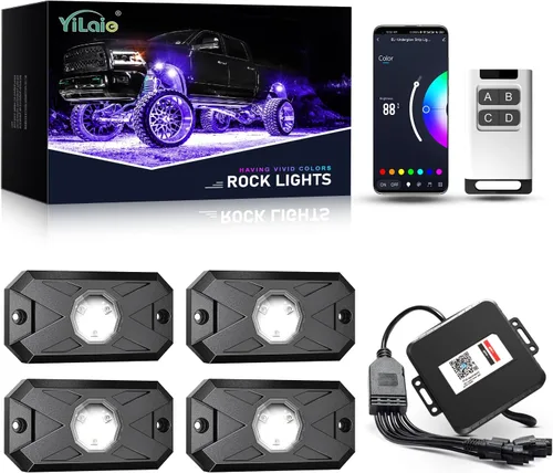 Vista 15 de YiLaie Luces LED RGB, 60 LED de alto brillo, kit de luz de neón multifunción impermeable para coche con control de aplicación/RF, luces de roca