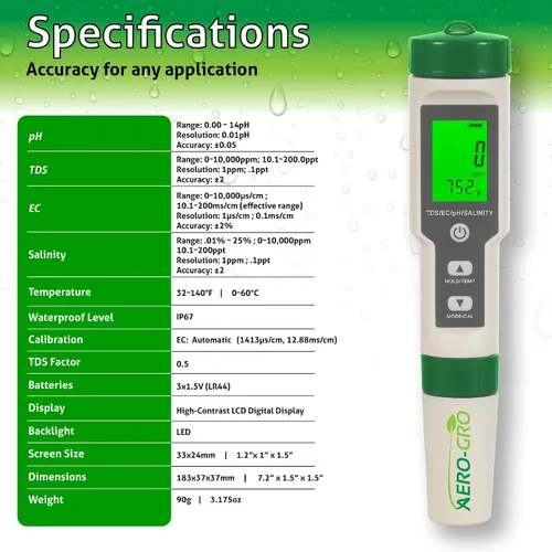 Vista 7 de Medidor digital 5 en 1: 5 funciones: pH, TDS, EC, % de salinidad, salinidad ppm y temperatura, impermeable IP67, probador tipo bolígrafo
