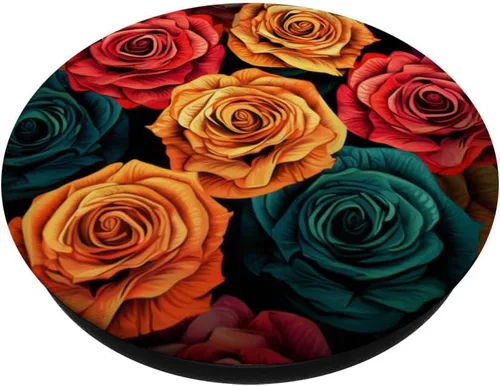 Vista 2 de PopSockets de collage floral vibrante de rosas caleidoscopio, PopGrip estándar