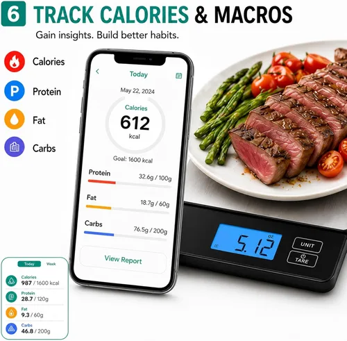 Vista 5 de URAMAZ Básculas inteligentes para alimentos de cocina, báscula digital de alimentos de acero inoxidable en gramos y onzas con aplicación de Multi