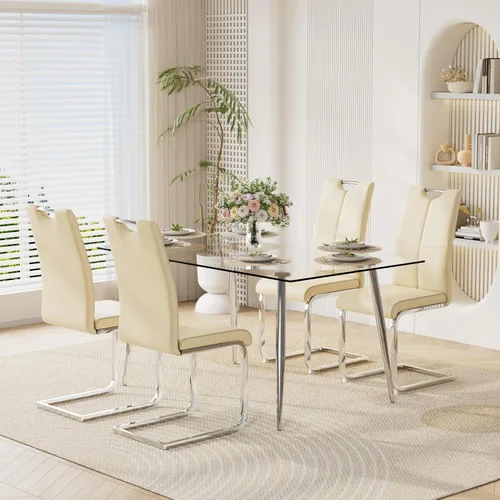 Vista 34 de Juego de mesa de comedor moderno de 51 pulgadas para 4 mesas rectangulares de cristal con 4 sillas tapizadas de cuero, asientos 4 ideales para Beige