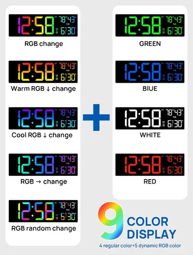 Vista 4 de RGB Large Digital Wall Clock, 15.7" Digital Clock Large Display with Remote LED Alarm Clocks with Night Light, DST, Date, Temperature for Living