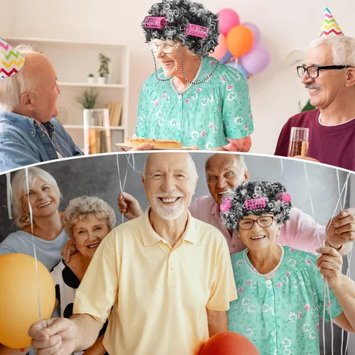 Vista 5 de Jiuguva 7 piezas de disfraz de anciana para mujeres y niños, túnica de manga corta para abuelita, peluca de anciana, peluca plegable con muleta