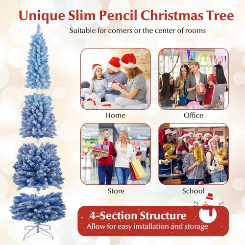 Vista 6 de Goplus Árbol de Navidad Artificial Delgado Tipo Lápiz con Bisagras de 7 Pies con Efecto Nieve Azul Degradado, Pre-Iluminado con 290 Luces LED