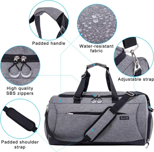 Vista 6 de Kuston Bolsa de gimnasio deportiva con compartimento para zapatos y bolsillo húmedo, bolsa de lona para gimnasio para hombres y mujeres, Gris