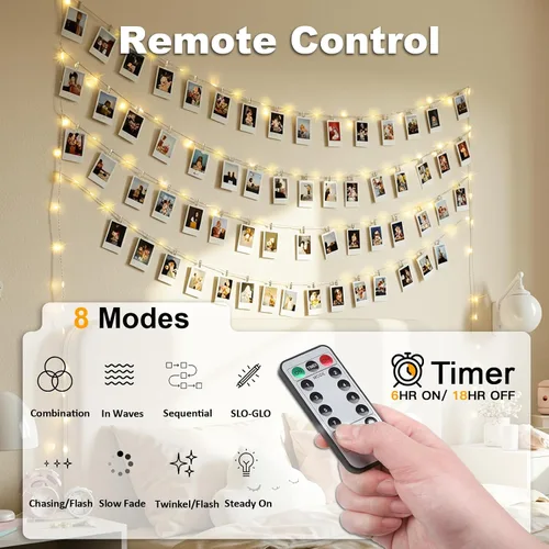 Vista 2 de SUDDUS Luces de Hadas de 16 pies con 50 LED y 22 clips, funciona con batería/USB, luces parpadeantes para fotos con control remoto y temporizador