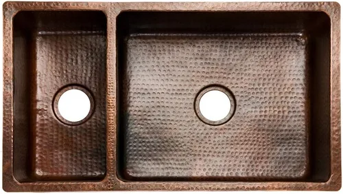 Vista 3 de Premier Copper Products K25DB33199 - Fregadero de cocina de cobre martillado de 33 pulgadas, 25/75, bronce aceitado