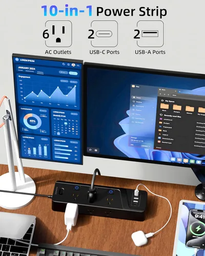 Vista 2 de Regleta protectora contra sobretensiones con interruptores individuales, 6 tomas de corriente ampliamente espaciadas con 2 USB C y 2 USB A, cable