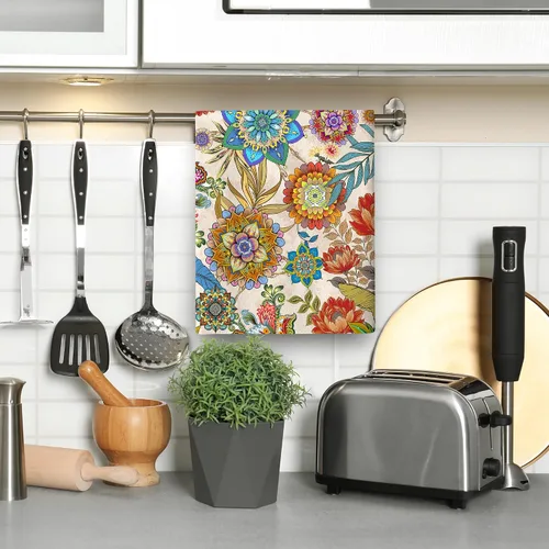 Vista 4 de Juego de toallas de cocina florales bohemias, juego de trapos de cocina absorbentes con mandala bohemios, juego de paños de cocina con flores
