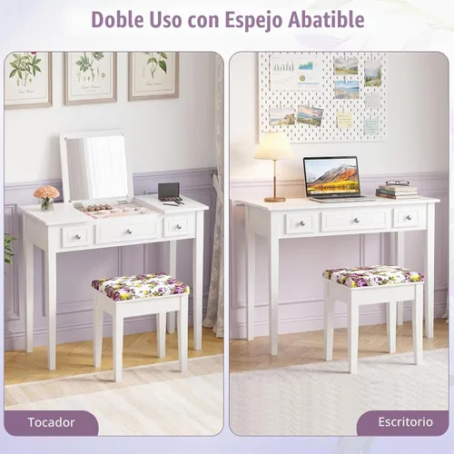 Vista 4 de CHARMAID Escritorio de tocador de maquillaje con espejo abatible superior, 3 cajones, 7 compartimentos de almacenamiento, escritorio blanco
