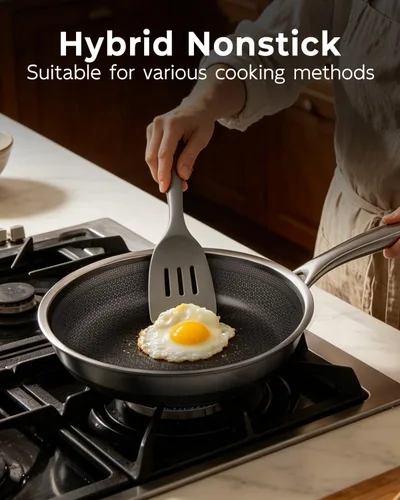 Vista 6 de FogDream Sartén antiadherente de 10 pulgadas con tapa, sartén híbrida de acero inoxidable de panal, compatible con inducción de tres capas, sartén