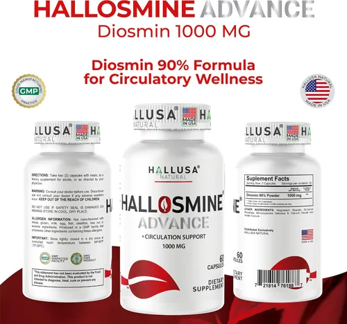 Vista 3 de Hallusa Natural Hallosmine Advance 1000mg Suplemento de diosmina para la circulación y apoyo venoso, salud vascular, venas visibles, arañas, flujo