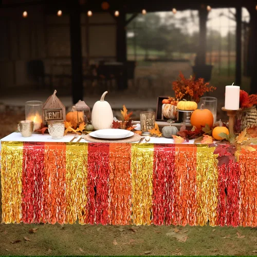 Vista 4 de Decoraciones para fiestas de otoño Mega-L, paquete de 2 faldas de mesa rojas, naranjas y doradas