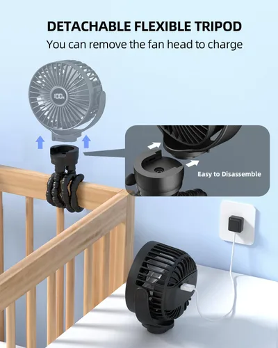 Vista 6 de Ventilador portátil del cochecito, mini ventiladores del bebé con pilas con pantalla LED Negro