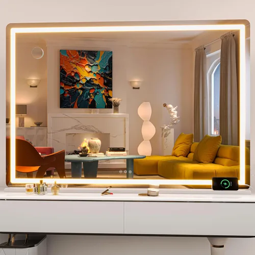 Vista 52 de Hasipu Espejo de tocador con luces, espejo LED de maquillaje de 31.5 x 22 pulgadas, espejo de maquillaje iluminado con 3 modos regulables, espejo