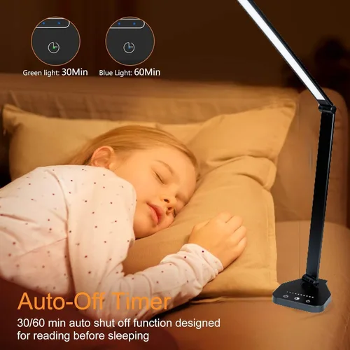 Vista 5 de Lámpara LED de escritorio, lámpara de mesa regulable, lámpara de lectura con puerto de carga USB, 5 modos de iluminación, control sensible, Negro