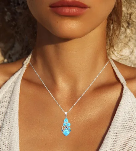 Vista 2 de Beaux Bijoux Dije de plata esterlina con piedras preciosas naturales del Caribe y circonita cúbica azul, collar de 18 pulgadas, joyería para mujeres